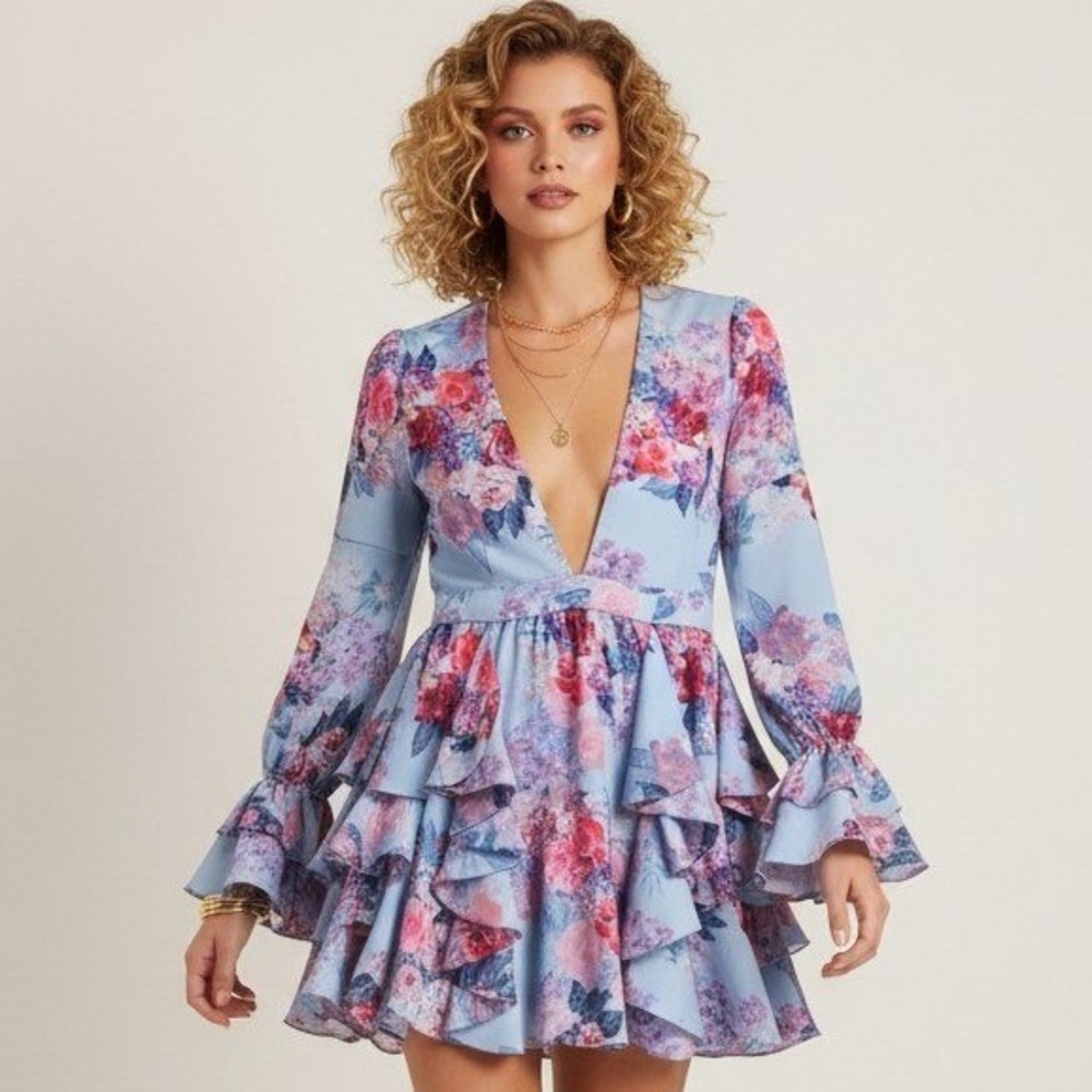 Michael Costello x REVOLVE Allana Floral Ruffle Mini Dress Blue Pink Plunging S